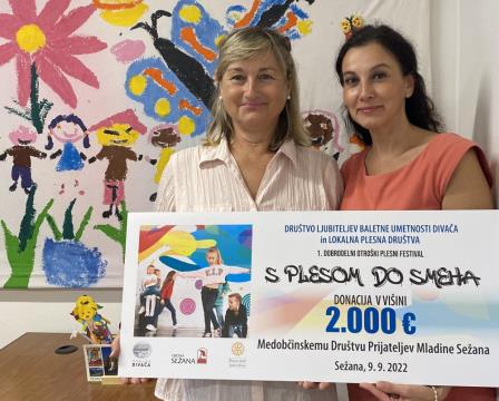 Predsednica društva Astrid Bastianelli (desno) je izročila ček sekretarki MDPM Ani Pangos. Vir: DLBU DivačaAna in Astrid-splet